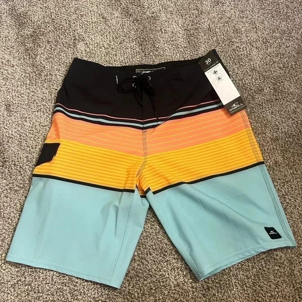 NWT Oneill Hyperdry below knee‎ surf shorts orange/blue stripe Size 30
